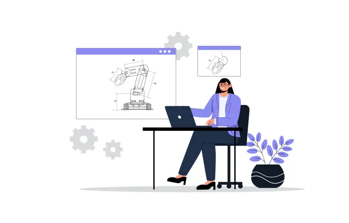 Female Engineer Creating Machine Design on Laptop Flat Vector Character Illustration